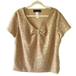 Jones New York Womens XL Beige Textured Bow Front Bouse Top Short Sleeve Lace